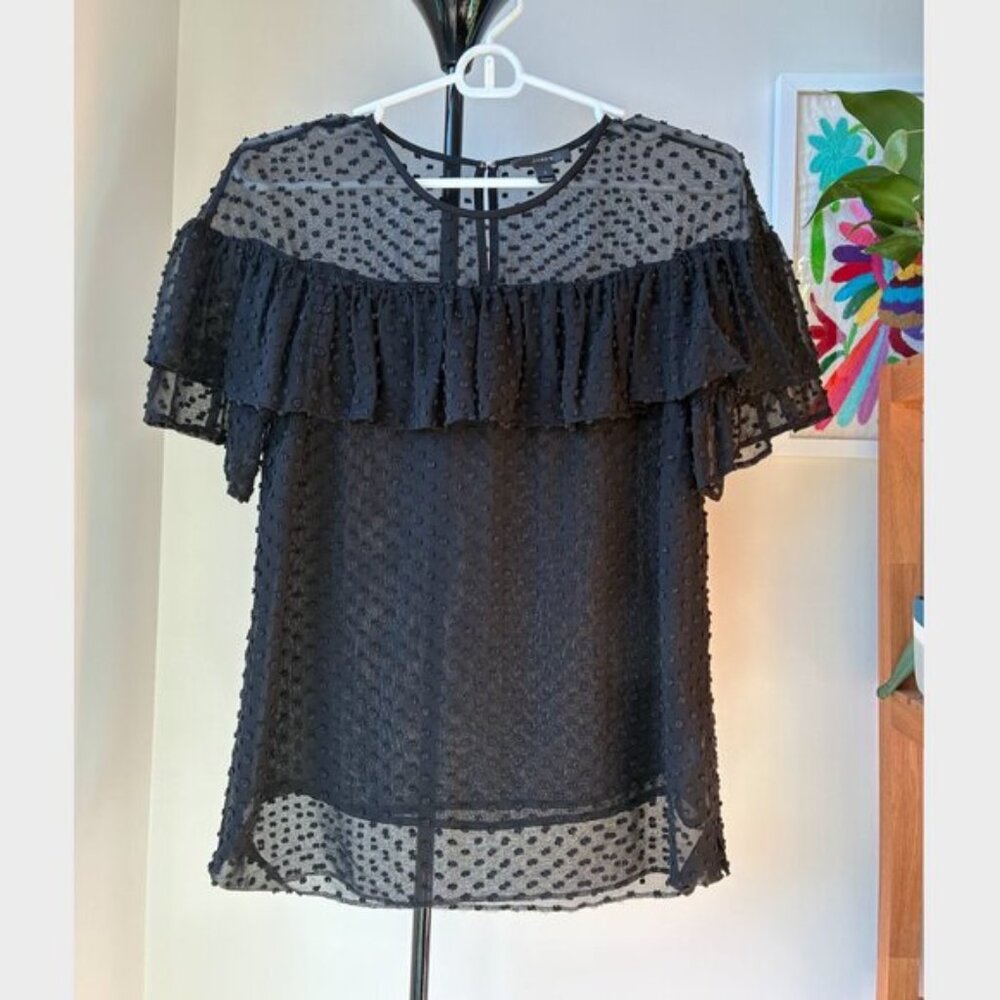 J. Crew Black Silk-Blend Ruffle Polka Dot Blouse - Size 0
